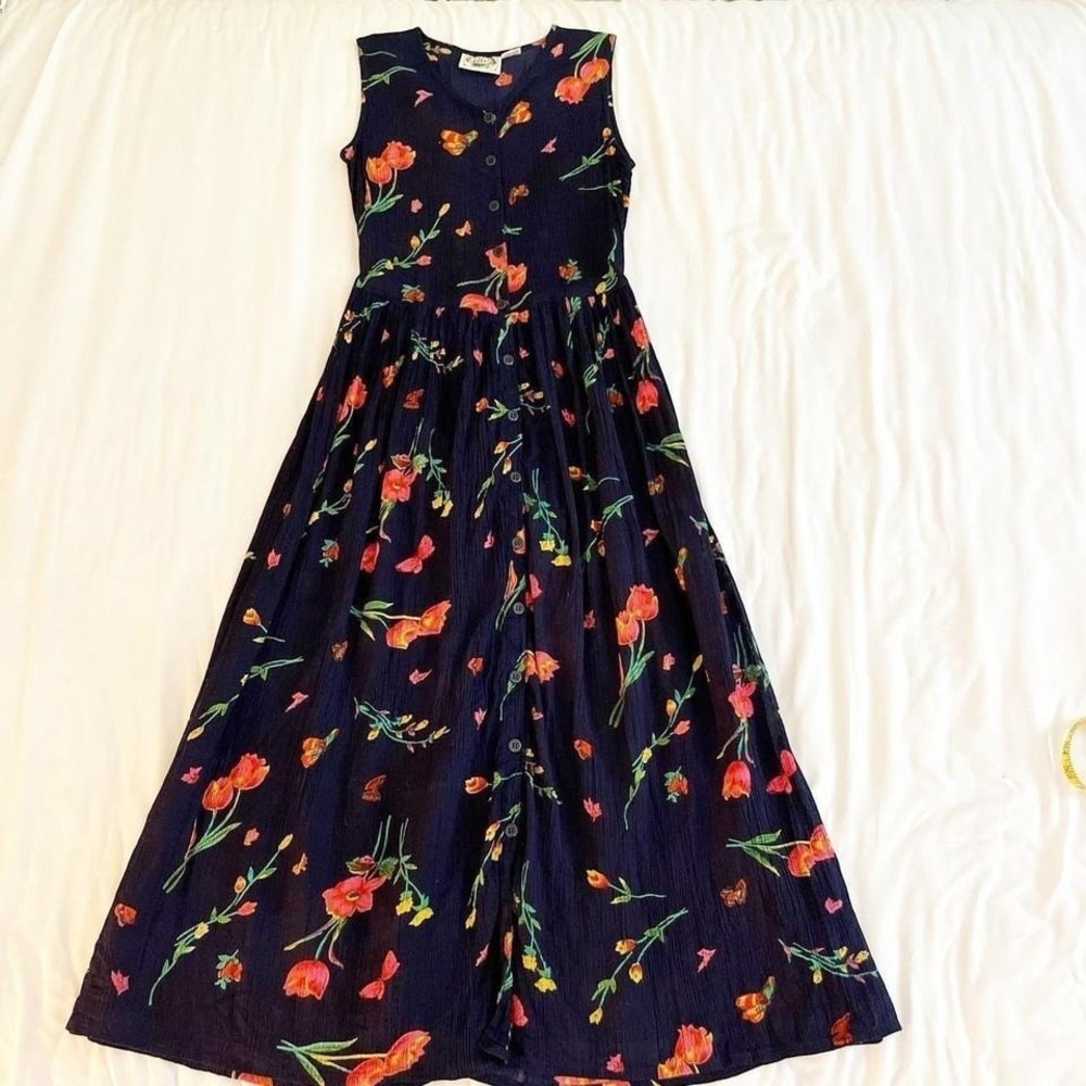 Navy Blue Maxi Floral Button Down Dress 24 Karat VTG y2k One Size - Picture 4 of 7